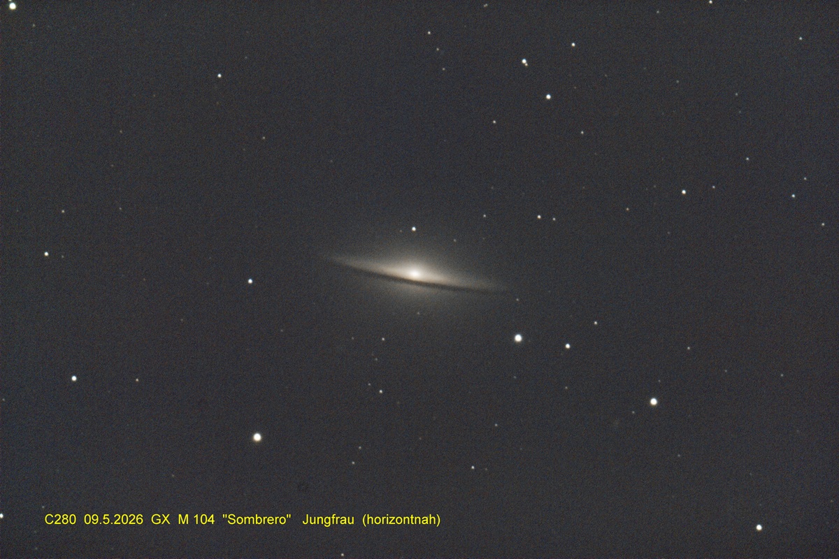 09.05.2026, M104 (GX,"Sombrero", Jungfrau) Aufnahme und Bearbeitung: Wolfgang Ritscher